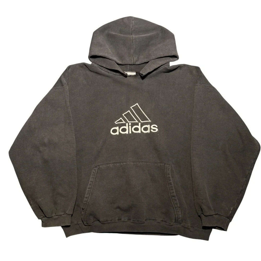 KILLER Vintage Adidas 90s Embroidered Logo Hoodie Faded Black XL